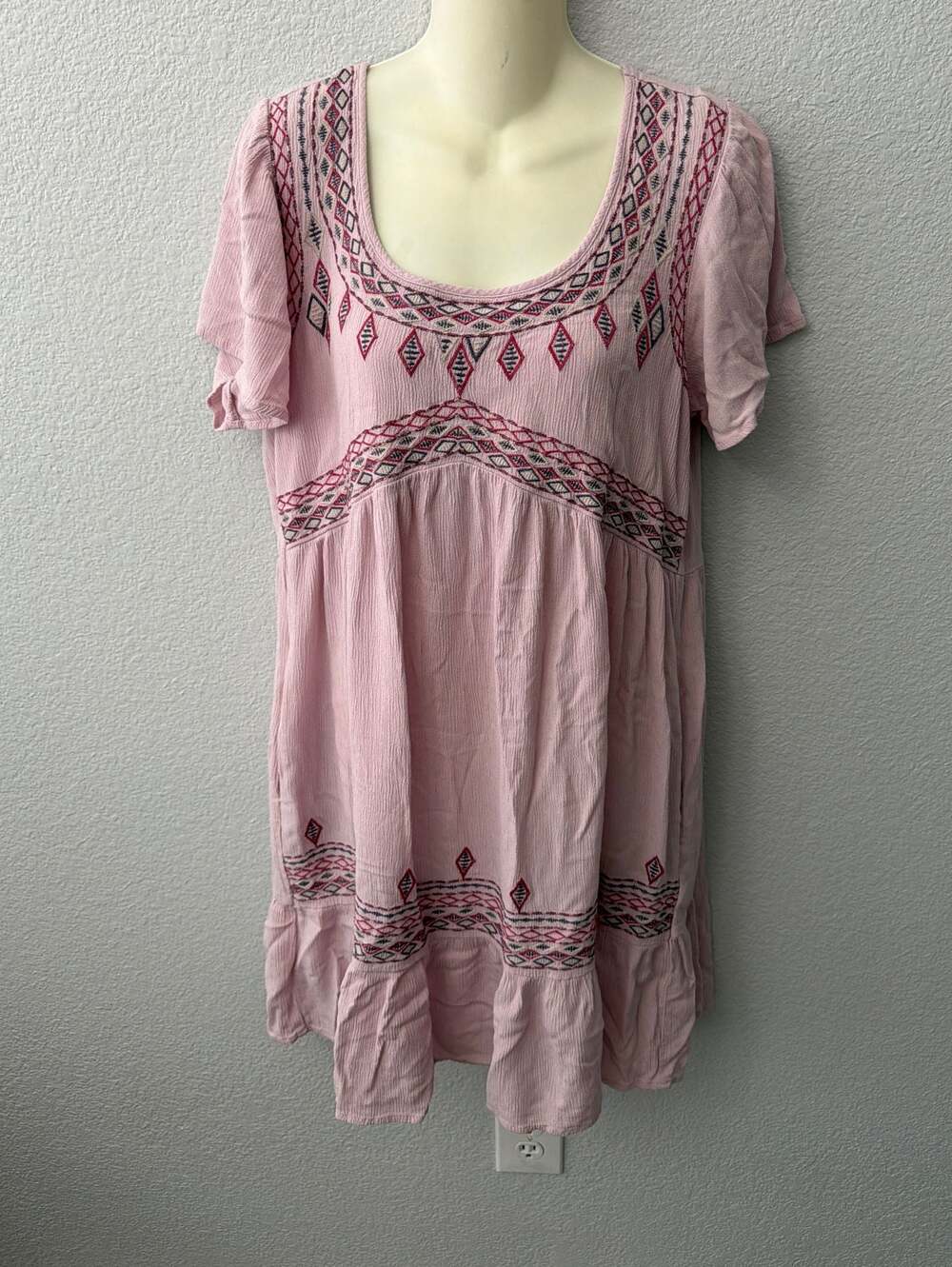 Knox Rose Pink Boho Embroidered Short Sleeve Mini Dress